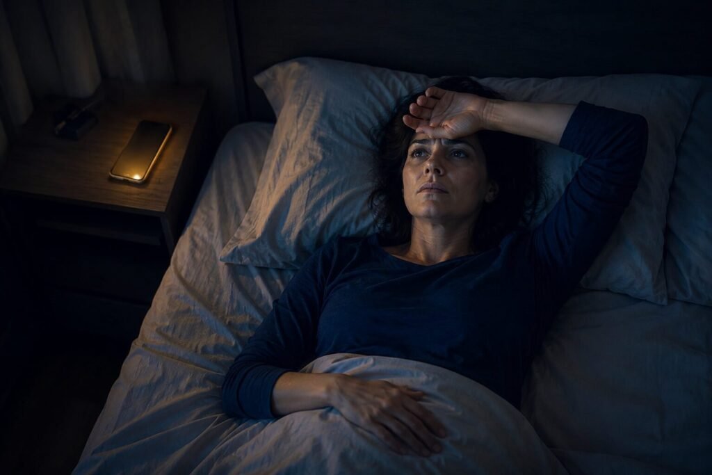 Foto de uma mulher deitada em sua cama a meia luz, com mão na testa e pensativa como se estivesse pensando. A foto ilustra o artigo O que a sua insônia está tentando te dizer? escrito pelo Psicanalista Homero Mônaco.