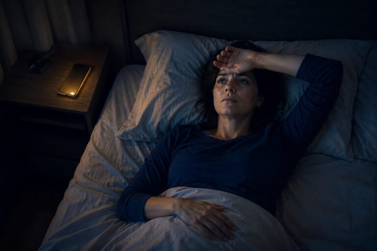 Foto de uma mulher deitada em sua cama a meia luz, com mão na testa e pensativa como se estivesse pensando. A foto ilustra o artigo O que a sua insônia está tentando te dizer? escrito pelo Psicanalista Homero Mônaco.