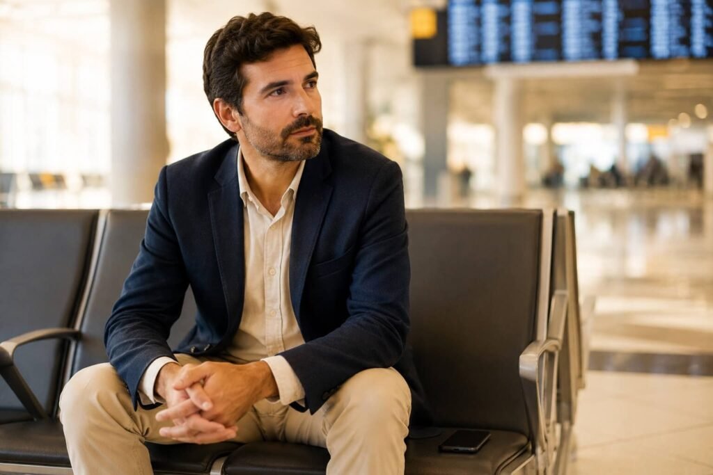 Foto de homem sentado no aeroporto olhando para o nada como pensativo e como se não soubesse o que fazer. A imagem ilustra o artigo do Psicanalista Homero Mônaco sobre quem é você quando não tem nada para decidir.