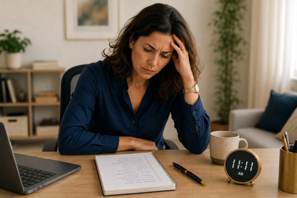 Foto de uma mulher executiva olhando para a lista de to do´s com cara de estressada e a frente dela, em cima da mesa, tem uma relógio mostrando que já são 11:11hs da manhã e ela não fez nada. A foto ilustra o post Você é estressado ou viciou em só render sob estresse? escrito pelo Psicanalista Homero Mônaco.