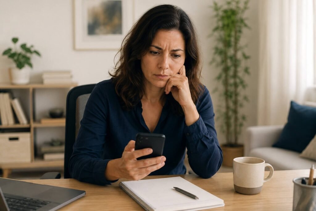 Foto de uma mulher executiva olhando para o celular com cara de estressada e a frente dela, em cima da mesa, tem uma pilha de documentos impressos. A foto ilustra o post Você é estressado ou viciou em só render sob estresse? escrito pelo Psicanalista Homero Mônaco.
